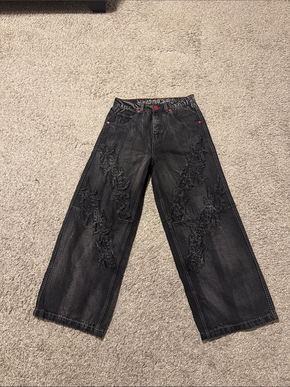 Zumiez Black Distressed Wide-Leg Jeans with Red Accents